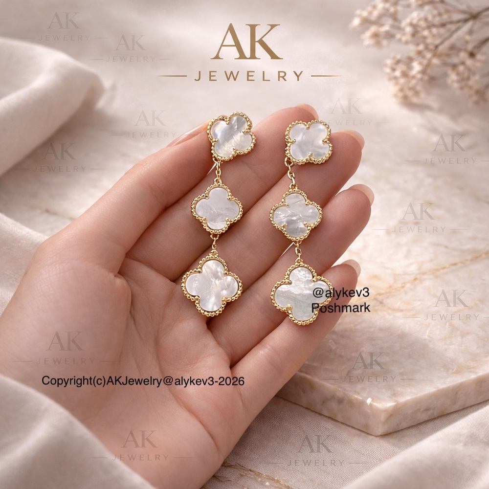 💎LUXURY EARRINGS White Mother of Pearl Quatrefoil, 3 Cascading Clover Motifs